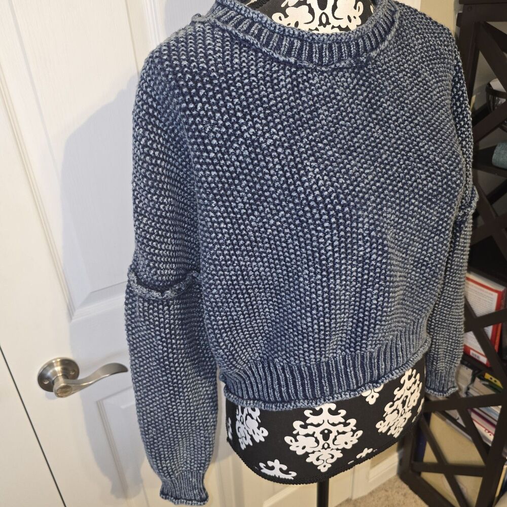 VINTAGE HAVANA Distressed Crop Y2K Knit Sweater Size L Roll Neck Blue Stonewash